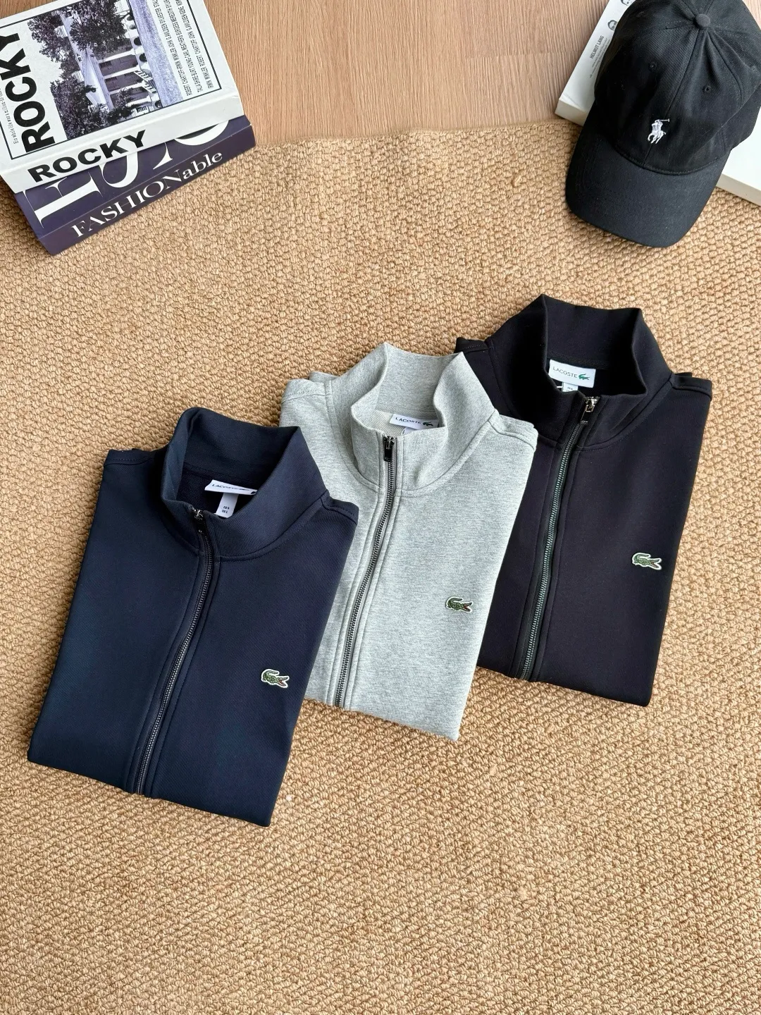2026 Lacoste New Arrival zipper suit, small logo embroidery design on the chest, simple, casual and elegant, 360g terry color, Black Gray Royal Blue, Size: M L XL 2XL LA-11628#